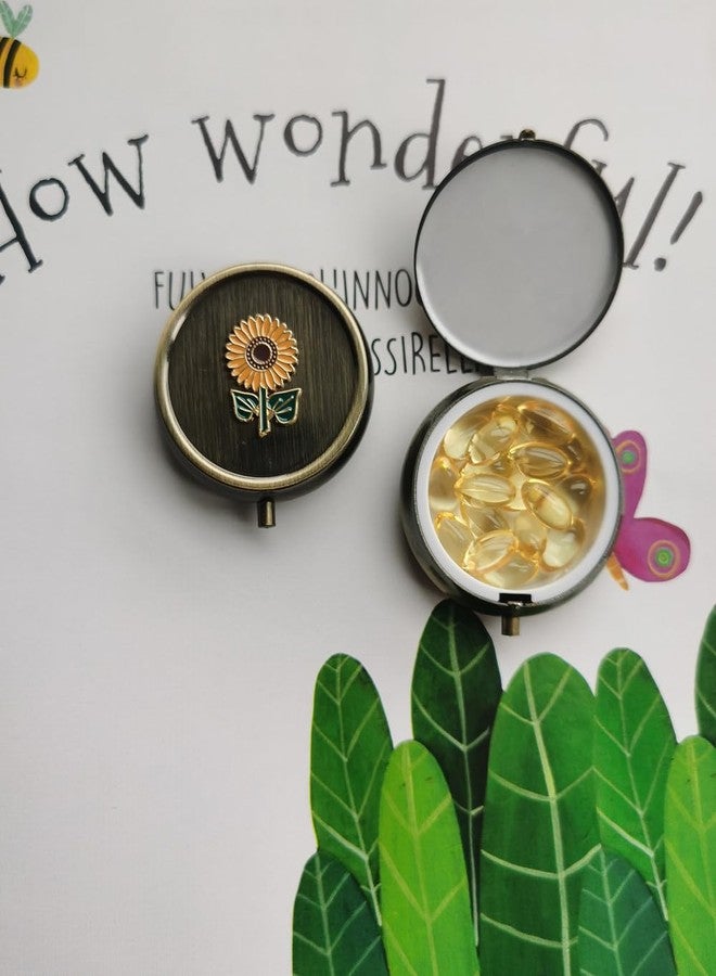 Aimoye Sunflower Travel Pill Box Organizer - Cute Daily Medicine Pill Box for Purse, Round Vintage Vitamin Pill Organizer for Pocket,Bronze Metal Pill Case Portable Pill Holder Storage (Sunflower - Image 5