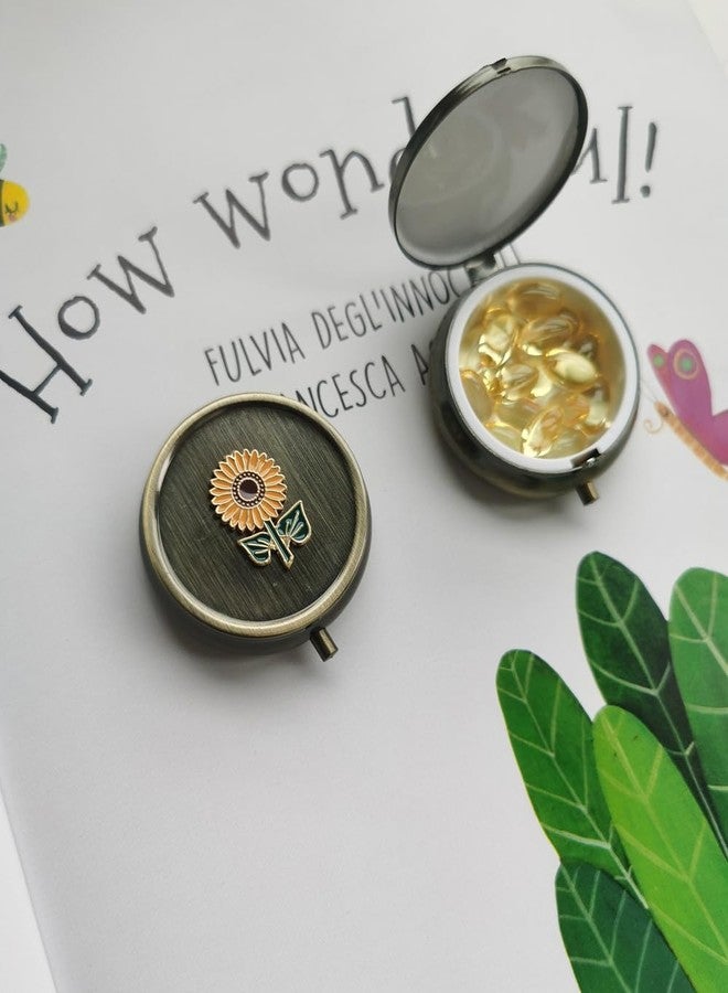 Aimoye Sunflower Travel Pill Box Organizer - Cute Daily Medicine Pill Box for Purse, Round Vintage Vitamin Pill Organizer for Pocket,Bronze Metal Pill Case Portable Pill Holder Storage (Sunflower - Image 2