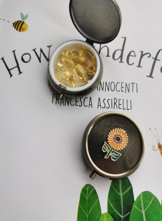 Aimoye Sunflower Travel Pill Box Organizer - Cute Daily Medicine Pill Box for Purse, Round Vintage Vitamin Pill Organizer for Pocket,Bronze Metal Pill Case Portable Pill Holder Storage (Sunflower - Image 4