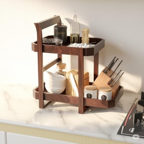 Furnelift Sheesham Wood Kitchen Organizer 2 Tier Shelf For Jars & Bottle Holder - Multipurpose Wooden Storage Stand For Kitchen Top Organizer (Walnut Finish) - Image 1