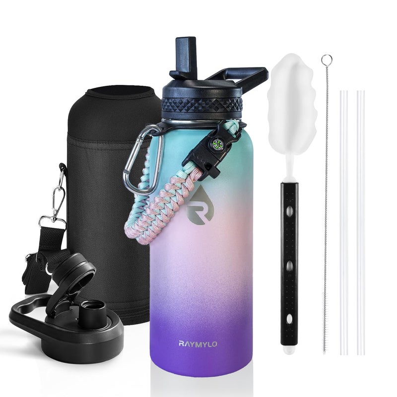 RAYMYLO RAYMYLO Insulated Water Bottle 32 oz  Triple Wall Vacuum Stainless Steel (Cold for 48 Hrs)  Leak Proof & BPA-Free  Modern Water Flask Jug with Paracord Handle & Straw Spout Lids  Hydrangea 