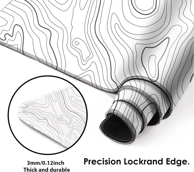 Galdas Gaming Mouse Mat Forest Background Pattern XXL XL Large Mouse Mat Long Extended Mouse Pad Desk Mat Non-Slip Rubber Mice Pads Stitched Edges Thin Pad (Topographic Map White) - Image 3