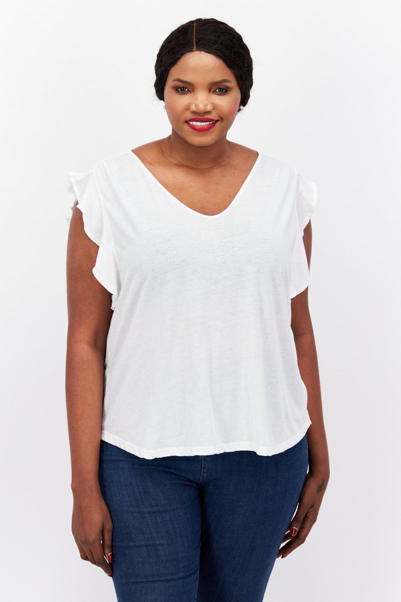 Jessica Simpson Women Plus Size V-Neck Cap Sleeves Plain Top, White - Image 1