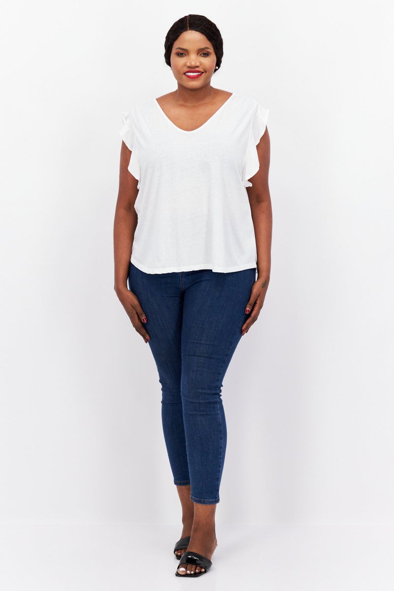 Jessica Simpson Women Plus Size V-Neck Cap Sleeves Plain Top, White - Image 4