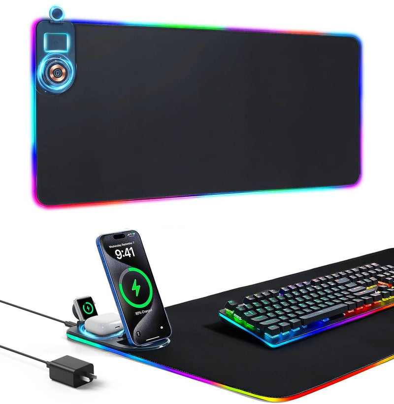 Ouluoa 15W Wireless Charging Mouse Pad - Large RGB Gaming Desk Mat (31.4"x12"), Waterproof Leather Mousepad with Phone Holder, Includes PD Adapter & USB-C Cable - for Office & Home, Black - Image 1