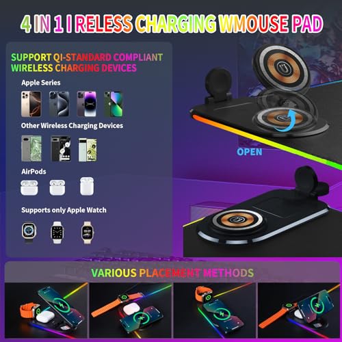Ouluoa 15W Wireless Charging Mouse Pad - Large RGB Gaming Desk Mat (31.4"x12"), Waterproof Leather Mousepad with Phone Holder, Includes PD Adapter & USB-C Cable - for Office & Home, Black - Image 4
