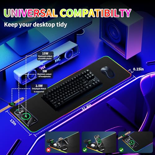 Ouluoa 15W Wireless Charging Mouse Pad - Large RGB Gaming Desk Mat (31.4"x12"), Waterproof Leather Mousepad with Phone Holder, Includes PD Adapter & USB-C Cable - for Office & Home, Black - Image 3