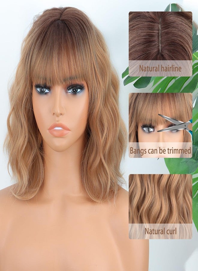 ميس كوين باروكة شعر مستعار قصيرة شقراء من MISSQUEEN مع غرة، شعر مستعار صناعي مجعد ومموج بتدرج لوني أشقر للنساء، باروكة شعر مستعار بوب مموجة للاستخدام اليومي - Image 3