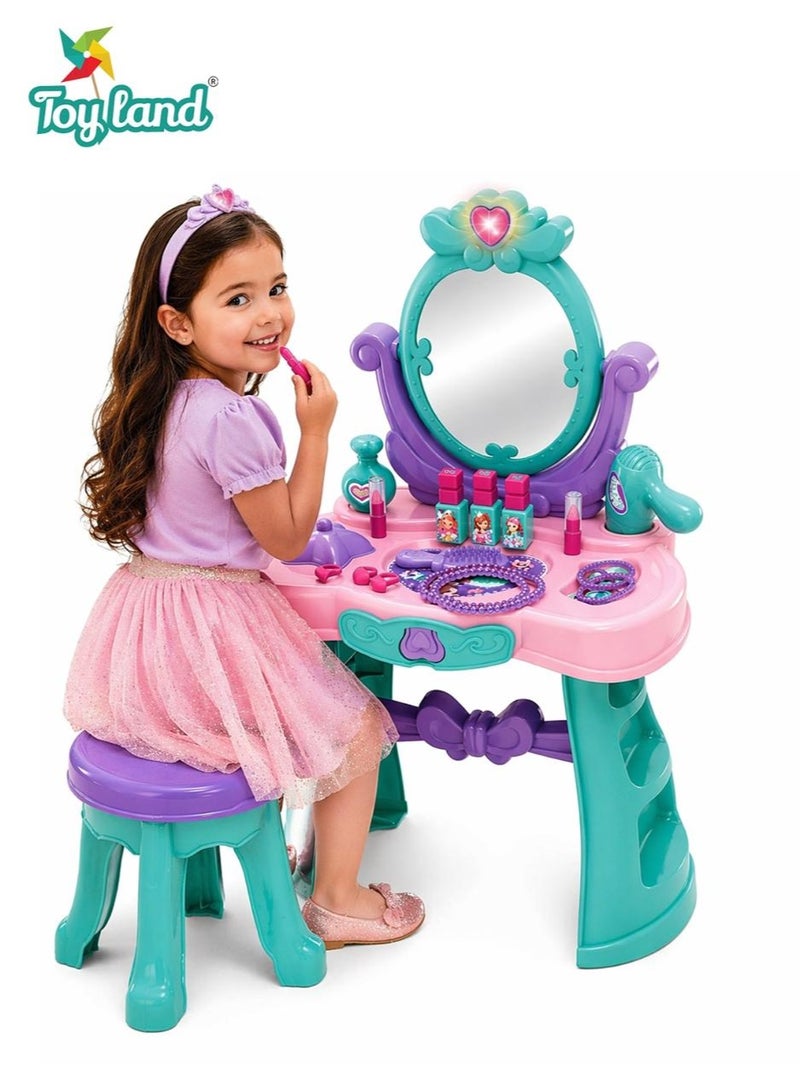 Toy Land Kids Princess Vanity Table Set with Mirror & Beauty Accessories – Pretend Play Makeup Dressing Table for Girls - Image 1
