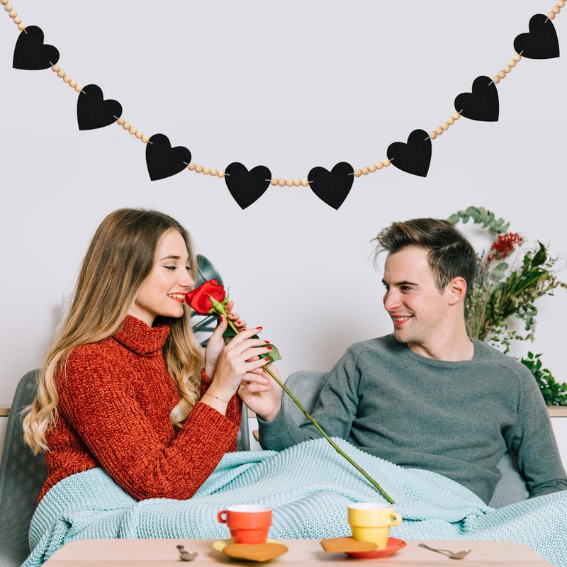 EUVBOKW Valentines Garland, Black Felt Heart Banner with Wood Beads for Fireplace Mantel Walls Decorations, Valentine's Day Wedding Anniversary Party Supplies - Image 5