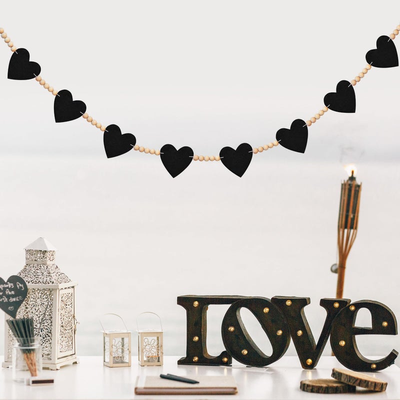 EUVBOKW Valentines Garland, Black Felt Heart Banner with Wood Beads for Fireplace Mantel Walls Decorations, Valentine's Day Wedding Anniversary Party Supplies - Image 4