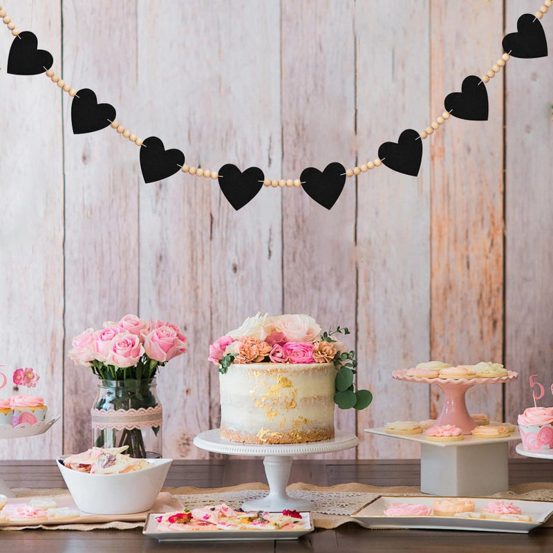EUVBOKW Valentines Garland, Black Felt Heart Banner with Wood Beads for Fireplace Mantel Walls Decorations, Valentine's Day Wedding Anniversary Party Supplies - Image 3