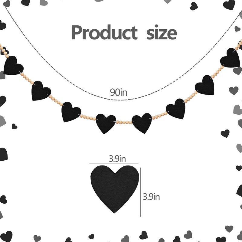 EUVBOKW Valentines Garland, Black Felt Heart Banner with Wood Beads for Fireplace Mantel Walls Decorations, Valentine's Day Wedding Anniversary Party Supplies - Image 2