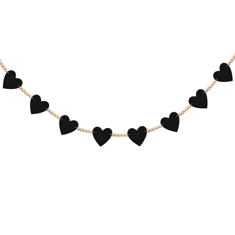 EUVBOKW Valentines Garland, Black Felt Heart Banner with Wood Beads for Fireplace Mantel Walls Decorations, Valentine's Day Wedding Anniversary Party Supplies - Image 1