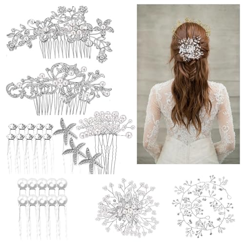 Aulufft 44 Pcs Wedding Bridal Hair Accessories, Sparkly Silver Rhinestone Flower Clip, Pearl Flower Butterfly Bridal Hair Side Combs for Women Bridesmaid Down Headpiece - Image 1