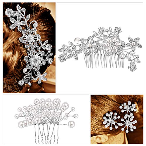 Aulufft 44 Pcs Wedding Bridal Hair Accessories, Sparkly Silver Rhinestone Flower Clip, Pearl Flower Butterfly Bridal Hair Side Combs for Women Bridesmaid Down Headpiece - Image 4