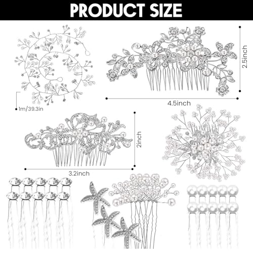 Aulufft 44 Pcs Wedding Bridal Hair Accessories, Sparkly Silver Rhinestone Flower Clip, Pearl Flower Butterfly Bridal Hair Side Combs for Women Bridesmaid Down Headpiece - Image 2