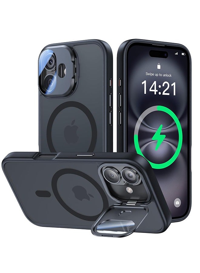 for iPhone 16 Case with Camera Cover Stand Fit for MagSafe 9H Camera Lens Protector Mil-Grade Protection Translucent Matte Silicone Magnetic iPhone 16 Phone Case, Black - Image 1
