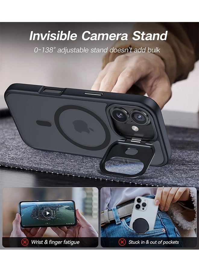 for iPhone 16 Case with Camera Cover Stand Fit for MagSafe 9H Camera Lens Protector Mil-Grade Protection Translucent Matte Silicone Magnetic iPhone 16 Phone Case, Black - Image 3