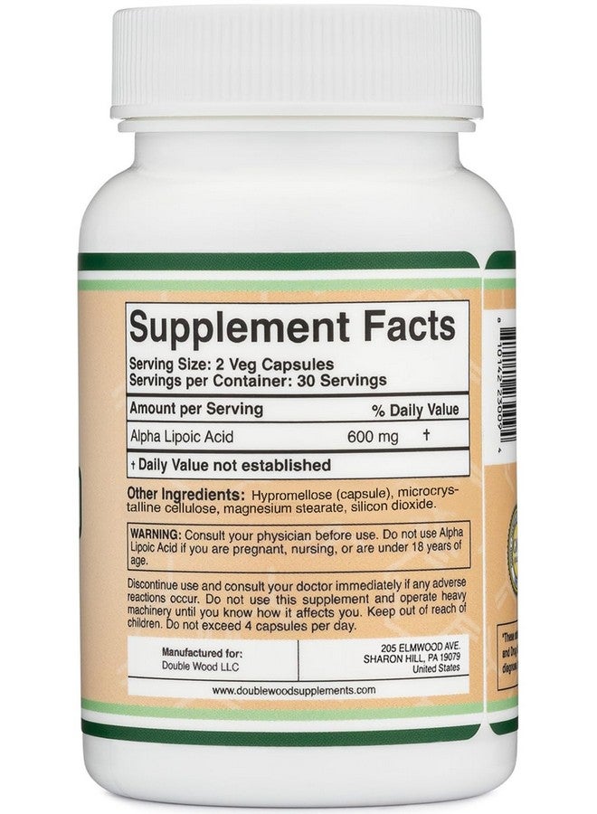 حمض ألفا ليبويك 600 مجم لكل وجبة، 60 كبسولة (تم اختباره بواسطة جهة خارجية، خالٍ من الكائنات المعدلة وراثيًا، خالٍ من الجلوتين، آمن للنباتيين) مضاد للأكسدة قوي لعلاج الاعتلال العصبي وصحة القلب والأوعية الدموية (مكمل حمض ألفا ليبويك) من شركة Double Wood - Image 2