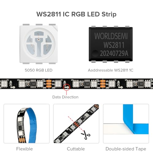 BTF-LIGHTING WS2811 IC=RGB+IC Addressable Dream Color LED Strip 16.4FT 60LEDs/m 20Pixels/m Non-Waterproof Black PCB Flexible DC12V Chasing Effect for Indoor Home Decor(No Adapter or Controller) - Image 4