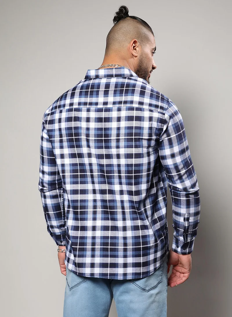 Instafab Plus Instafab Plus Men's Navy Blue Tartan Plaid Shirt For Casual Wear | Spread Collar | Long Sleeve | Button Closure | Shirt Crafted With Comfort Fit For Everyday Wear