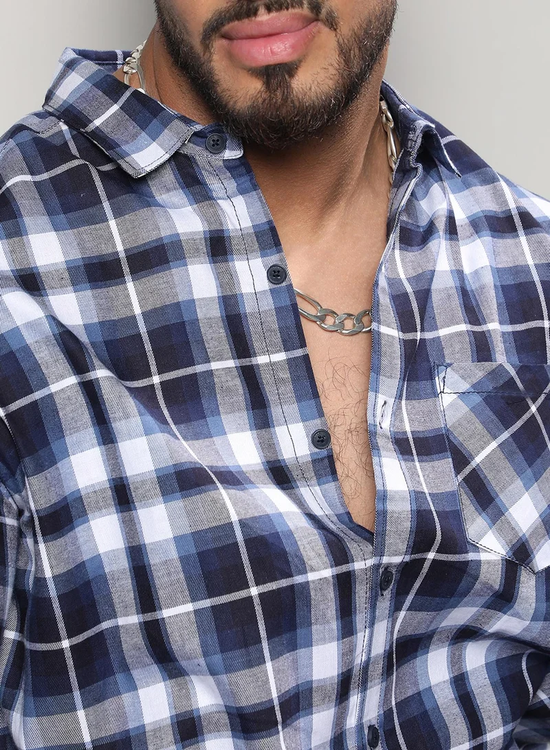 Instafab Plus Instafab Plus Men's Navy Blue Tartan Plaid Shirt For Casual Wear | Spread Collar | Long Sleeve | Button Closure | Shirt Crafted With Comfort Fit For Everyday Wear