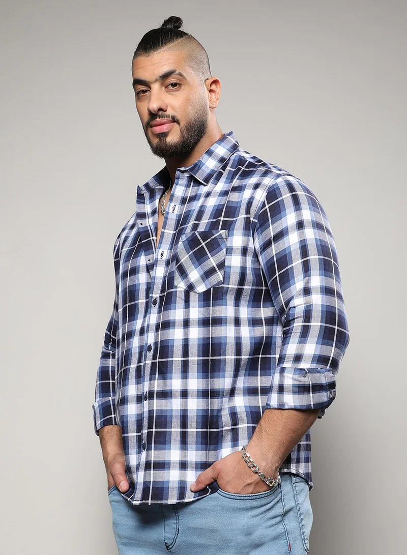 Instafab Plus Instafab Plus Men's Navy Blue Tartan Plaid Shirt For Casual Wear | Spread Collar | Long Sleeve | Button Closure | Shirt Crafted With Comfort Fit For Everyday Wear