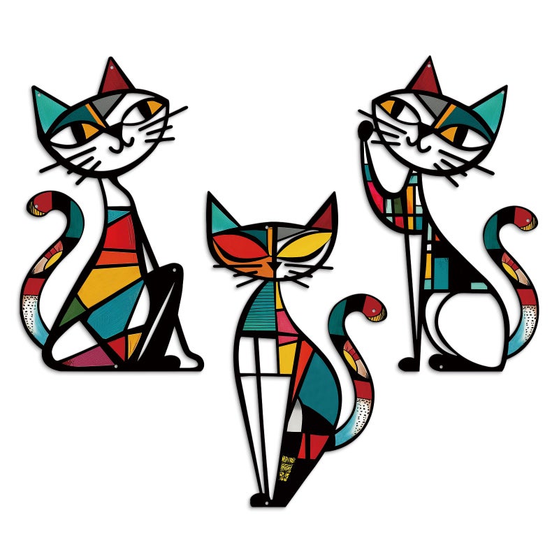 Putuo Decor 3 Pieces Cat Metal Wall Decor, Colorful Mid Century Modern Abstract Retro Wall Hanging Sculptures for Cat Lovers Living Room Bedroom Kitchen Hallway Office, 13.77 x 9.84 in - Image 1
