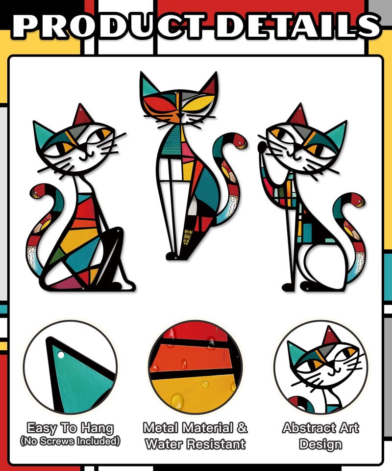 Putuo Decor 3 Pieces Cat Metal Wall Decor, Colorful Mid Century Modern Abstract Retro Wall Hanging Sculptures for Cat Lovers Living Room Bedroom Kitchen Hallway Office, 13.77 x 9.84 in - Image 3