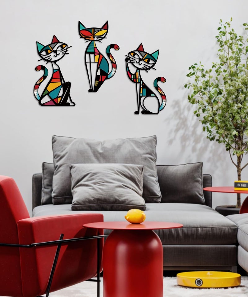 Putuo Decor 3 Pieces Cat Metal Wall Decor, Colorful Mid Century Modern Abstract Retro Wall Hanging Sculptures for Cat Lovers Living Room Bedroom Kitchen Hallway Office, 13.77 x 9.84 in - Image 5