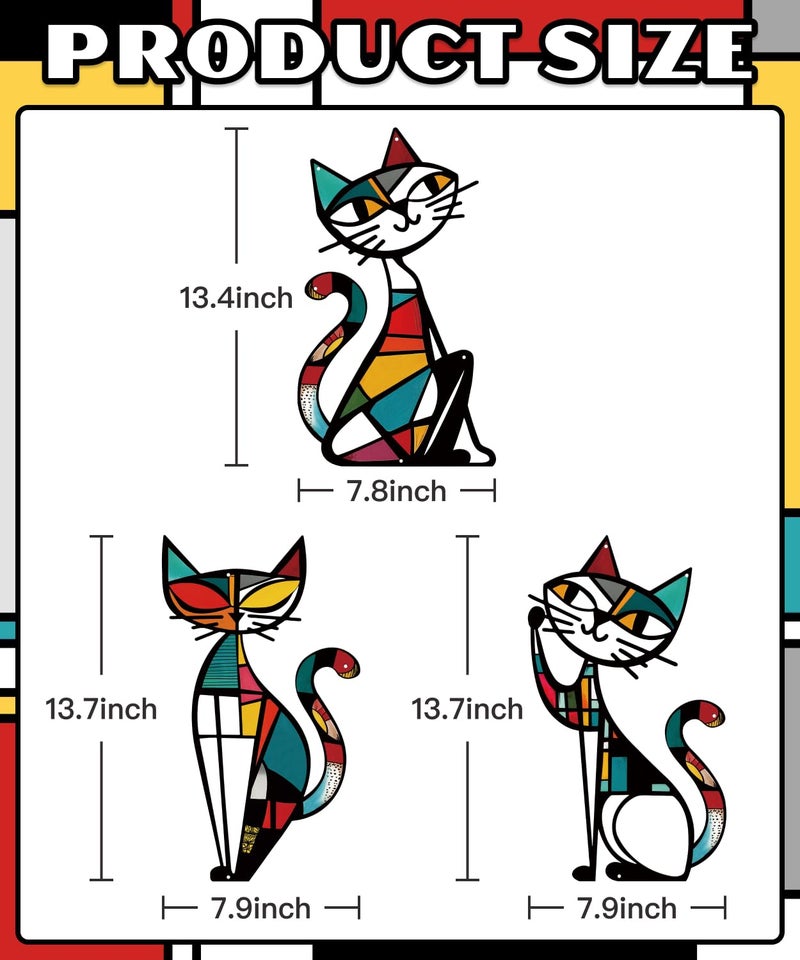 Putuo Decor 3 Pieces Cat Metal Wall Decor, Colorful Mid Century Modern Abstract Retro Wall Hanging Sculptures for Cat Lovers Living Room Bedroom Kitchen Hallway Office, 13.77 x 9.84 in - Image 2