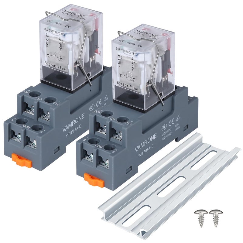 VAMRONE Electromagnetic Power Relay, 8-Pin 10 AMP 24V AC Relay Coil with Socket Base, LED Indicator, DPDT 2NO 2NC - MY4NJ 2PCS - Image 1