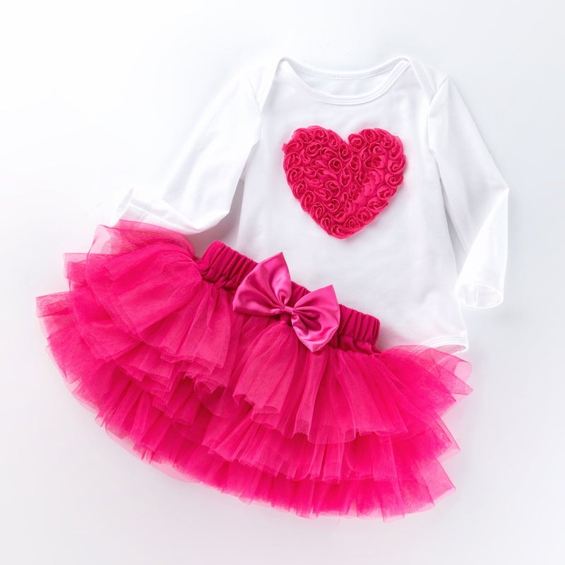 Cross-border Girls Birthday Suit White Long-sleeved Cartoon One-year-old Hats Skirt Baby Top Princess Skirt Rose love 