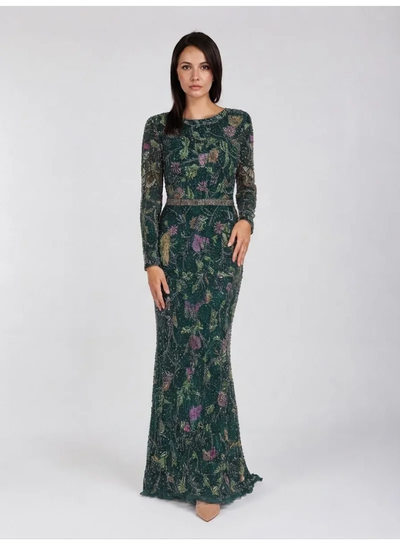 Fashonara Embossed Green Long Sleeved Evening Dress with sequenced coloured embroidery