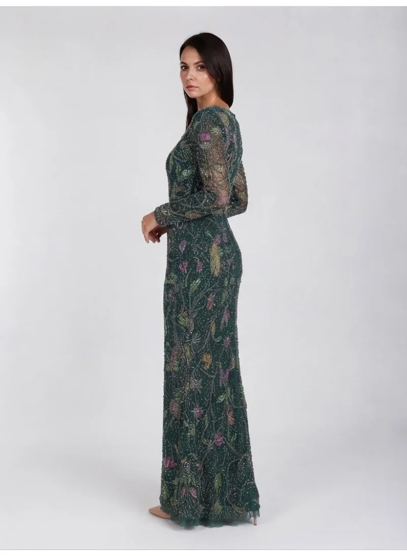 Fashonara Embossed Green Long Sleeved Evening Dress with sequenced coloured embroidery