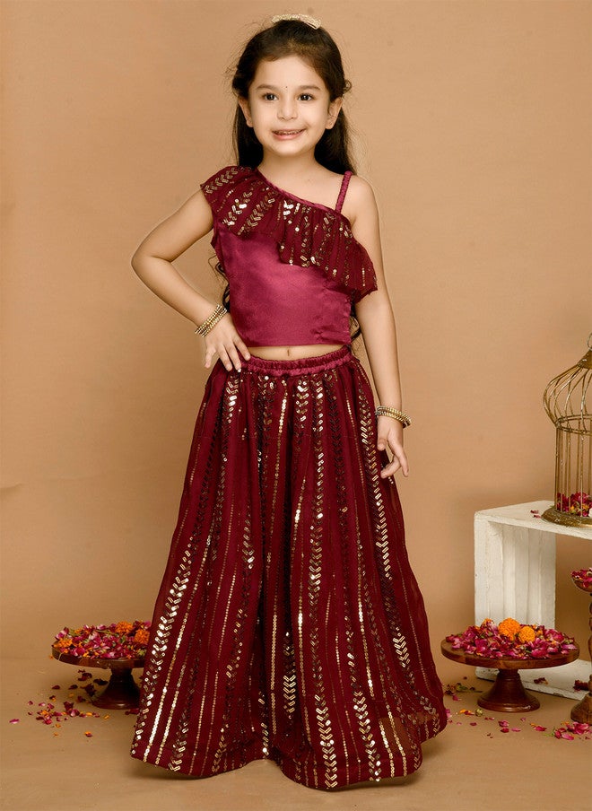 Saka Designs Burgundy & Gold-Toned Lehenga Choli for Girls - Image 1