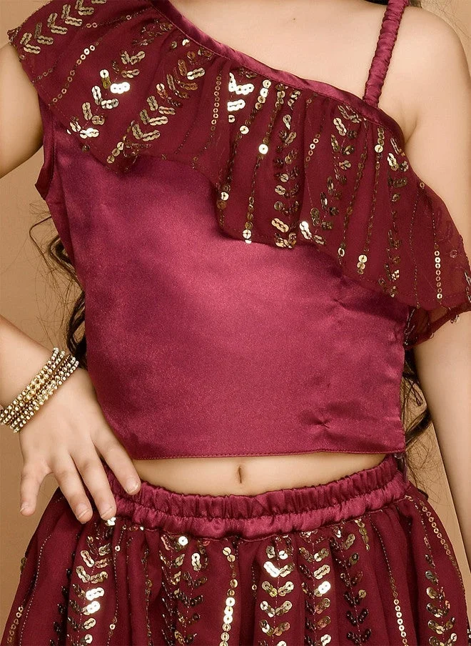 Saka Designs Burgundy & Gold-Toned Lehenga Choli for Girls
