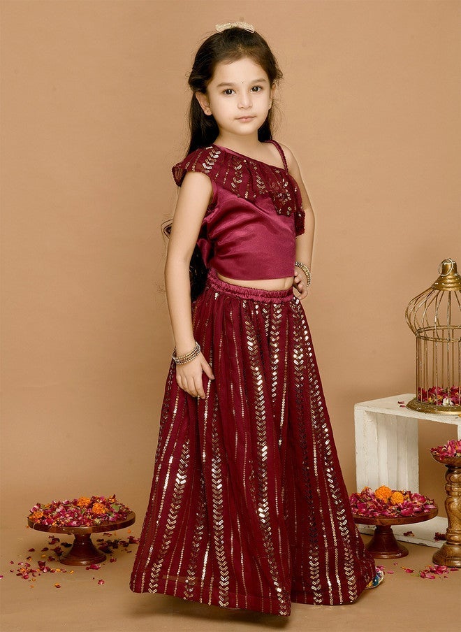 Saka Designs Burgundy & Gold-Toned Lehenga Choli for Girls - Image 3
