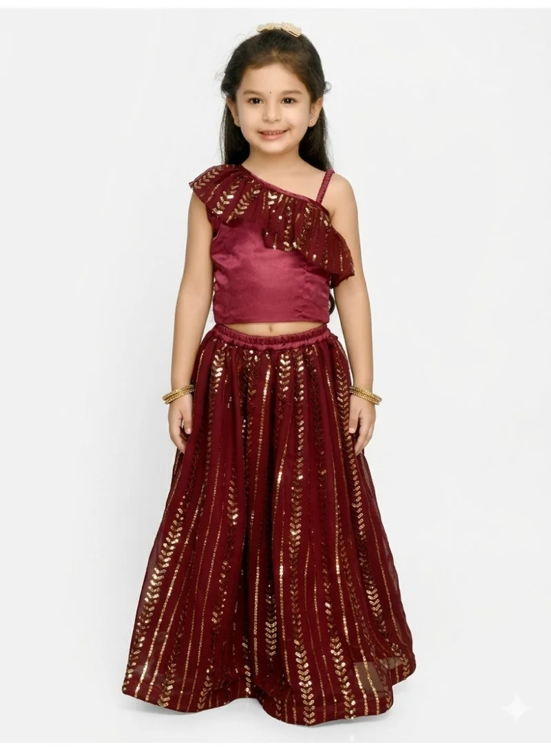Saka Designs Burgundy & Gold-Toned Lehenga Choli for Girls