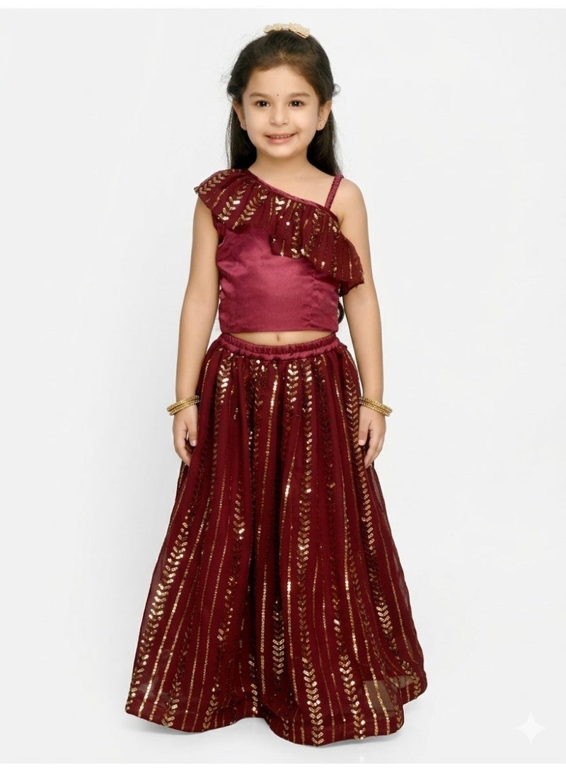 Saka Designs Burgundy & Gold-Toned Lehenga Choli for Girls - Image 1