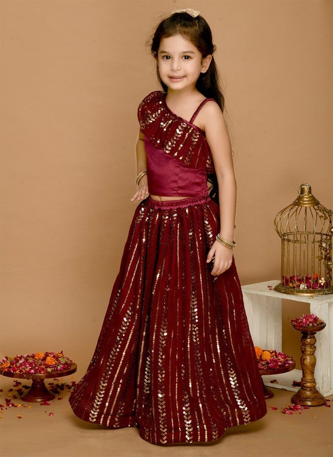 Saka Designs Burgundy & Gold-Toned Lehenga Choli for Girls - Image 4