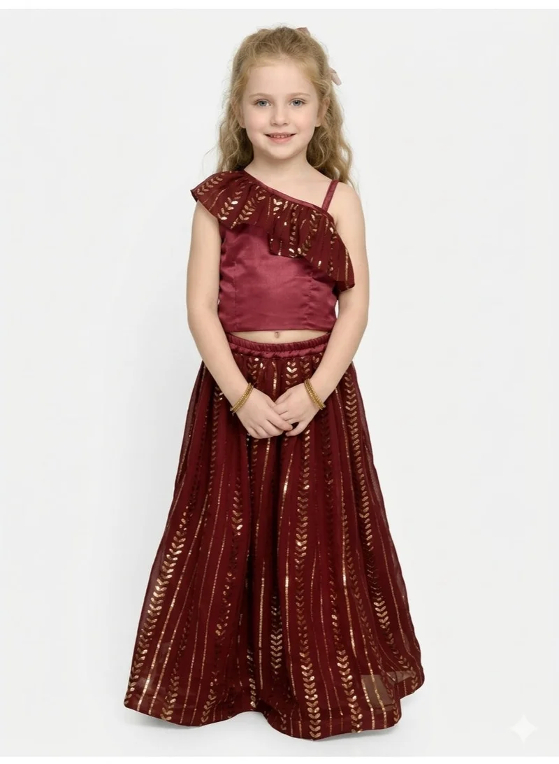 Saka Designs Burgundy & Gold-Toned Lehenga Choli for Girls