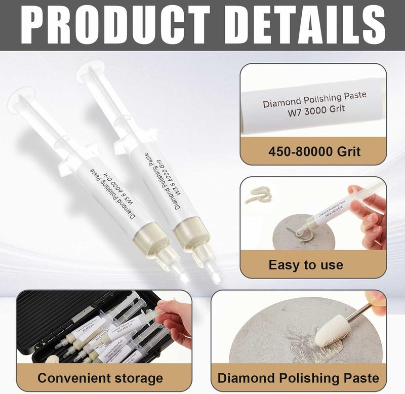 Swiffen 47 Pcs Diamond Paste Polishing Compound Kit, 36 Grinding Buffing Bits and 11 Oil Based Lapping Compound 450-Ultra Fine 80000 Grit with Box for Metal Coin Stone Jewelry Ring Polishing - Image 3