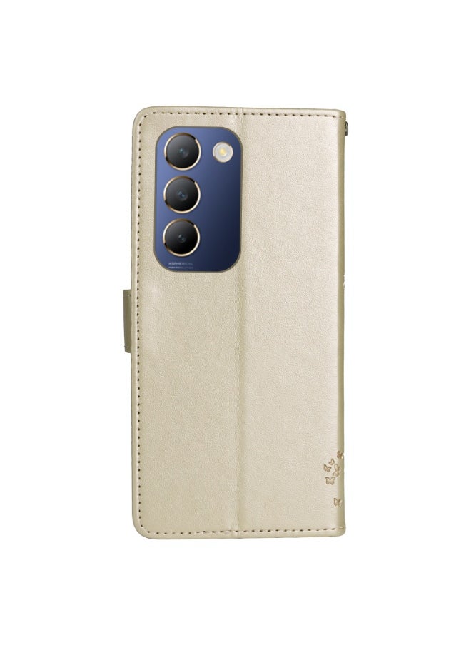 For vivo V40 SE 5G / Y100 IDN Tree & Cat Embossed Pattern Flip Leather Phone Case(Gold)