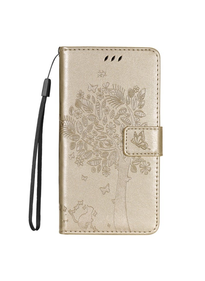 For vivo V40 SE 5G / Y100 IDN Tree & Cat Embossed Pattern Flip Leather Phone Case(Gold)