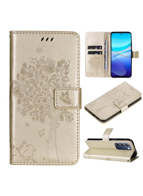 For vivo V40 SE 5G / Y100 IDN Tree & Cat Embossed Pattern Flip Leather Phone Case(Gold)