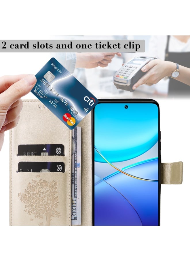 For vivo V40 SE 5G / Y100 IDN Tree & Cat Embossed Pattern Flip Leather Phone Case(Gold)