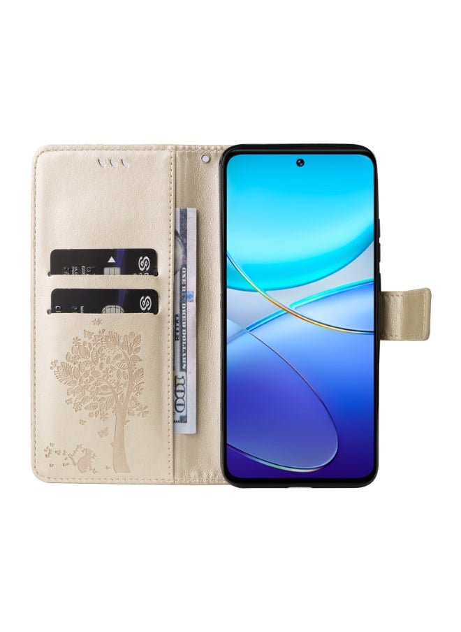 For vivo V40 SE 5G / Y100 IDN Tree & Cat Embossed Pattern Flip Leather Phone Case(Gold)
