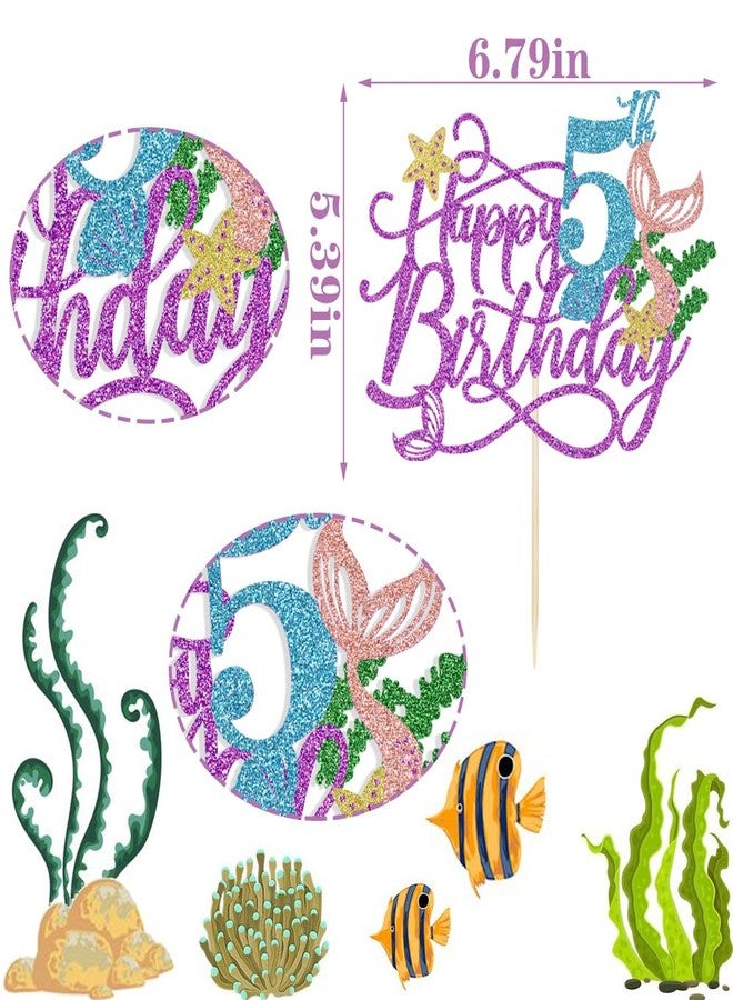Qertesl Mermaid 5 Cake Topper, Happy 5th Birthday Cake Decor,Under The Sea Theme Girl Kid First Birthday Cake Supplies/Ocean World One Mermaid Party Decoration Supplies Purple - Image 4